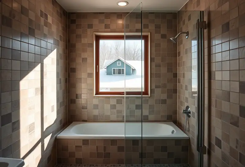Illustration of modern bathroom with walk-in glass shower and mosaic-tiled walls.