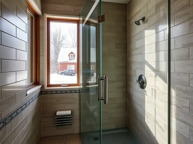 Illustration of close-up of materials and finishes of bathroom with a walk-in glass shower and tiled walls, as found in 1961-