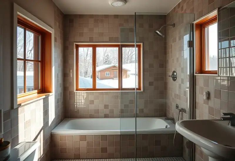 Illustration of bathroom with a walk-in glass shower and tiled walls, as found in 1961-era homes