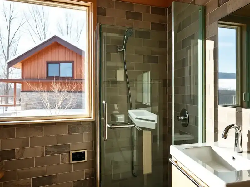 Illustration of close-up of materials and finishes of bathroom with a walk-in glass shower and tiled walls, as found in 1961-