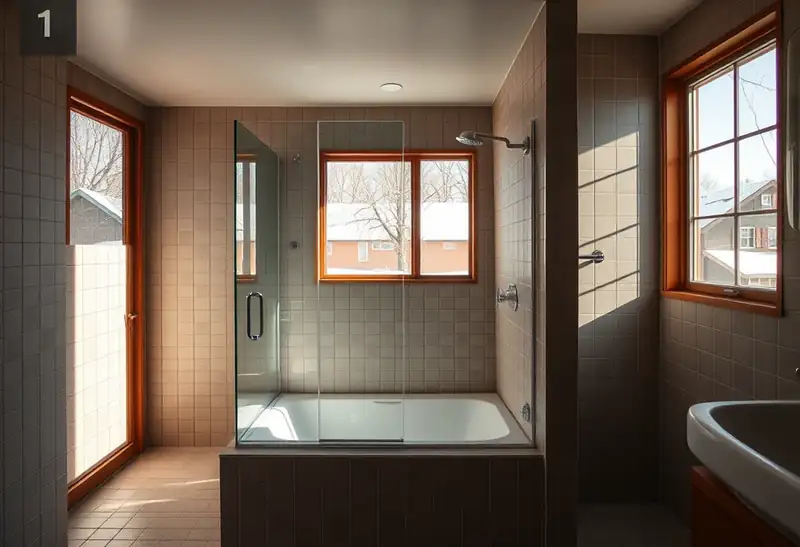 Illustration of bathroom with a walk-in glass shower and tiled walls, as found in 1961-era homes