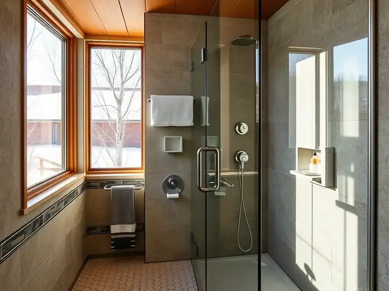 Illustration of close-up of materials and finishes of bathroom with a walk-in glass shower and tiled walls, as found in 1961-