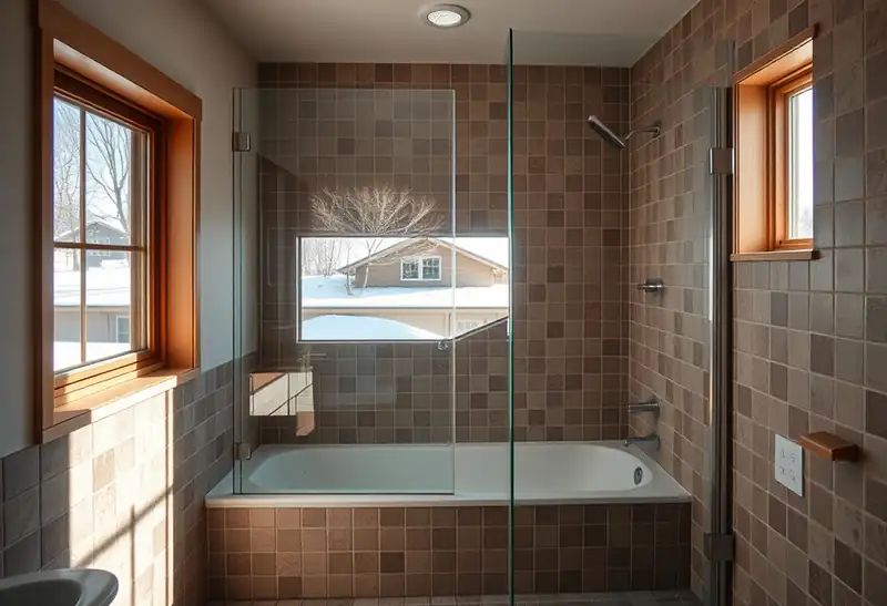 Illustration of bathroom with a walk-in glass shower and tiled walls, as found in 1961-era homes