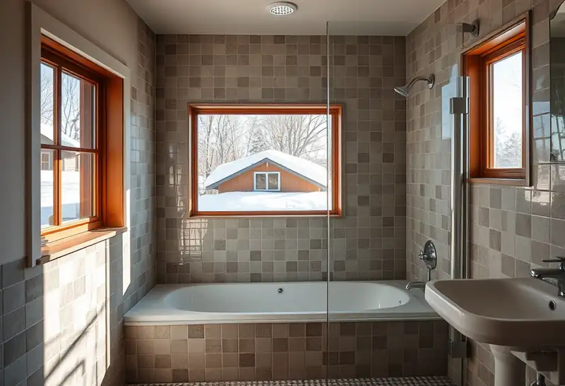 Illustration of bathroom with a walk-in glass shower and tiled walls, as found in 1961-era homes