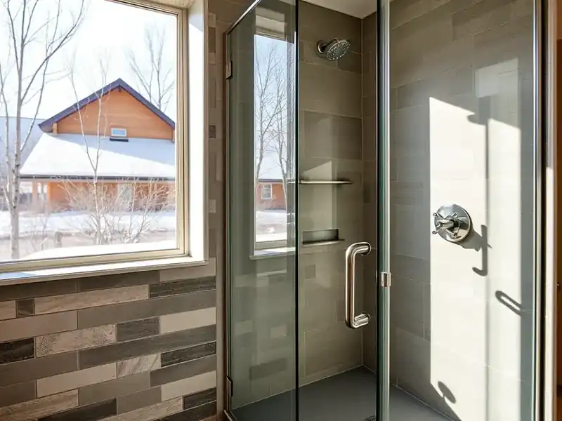 Illustration of close-up of materials and finishes of bathroom with a walk-in glass shower and tiled walls, as found in 1961-