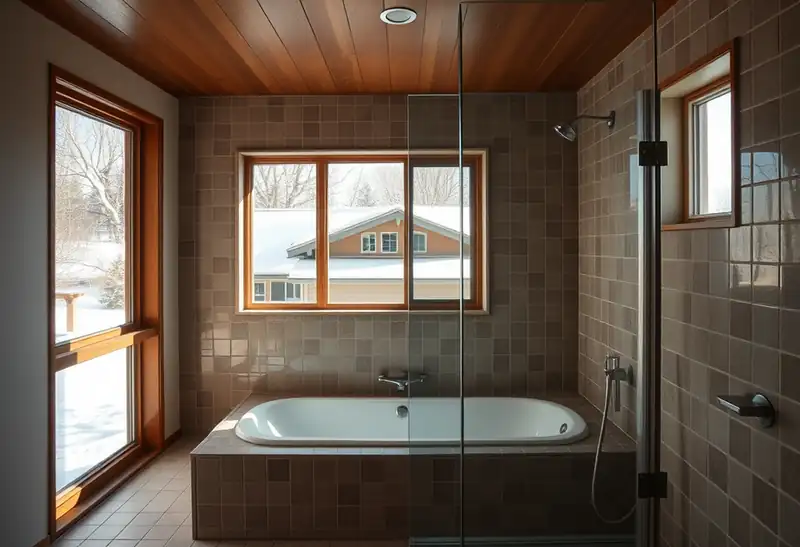 Illustration of modern bathroom with tiled walls, walk-in glass shower, and bathtub.
