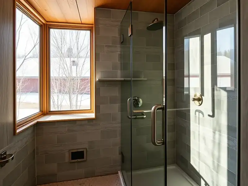 Illustration of close-up of materials and finishes of bathroom with a walk-in glass shower and tiled walls, as found in 1961-