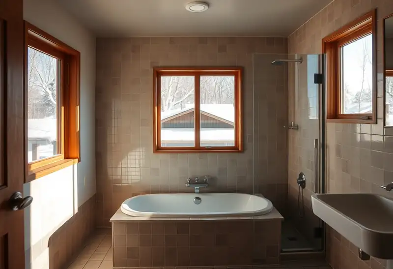 Illustration of modern bathroom with freestanding tub and walk-in shower