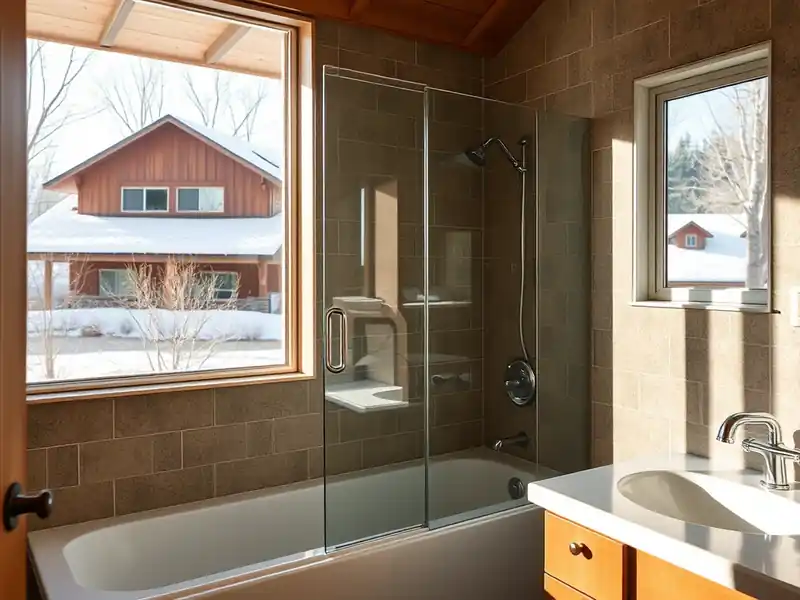 Illustration of modern bathroom with walk-in glass shower and snowy exterior view.