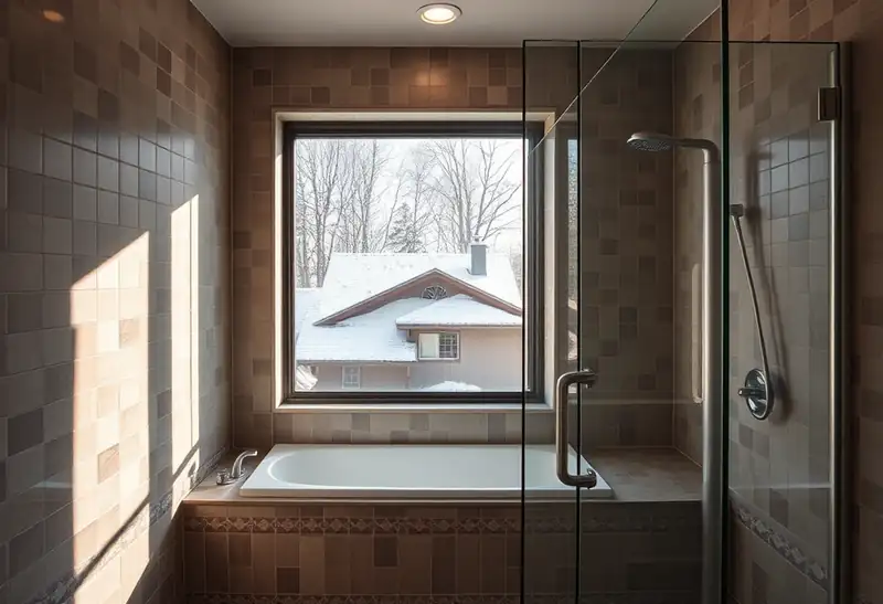 Illustration of bathroom with a walk-in glass shower and tiled walls, as found in 1961-era homes