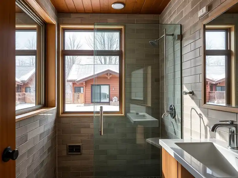 Illustration of modern bathroom with walk-in glass shower and tiled walls, featuring large windows.