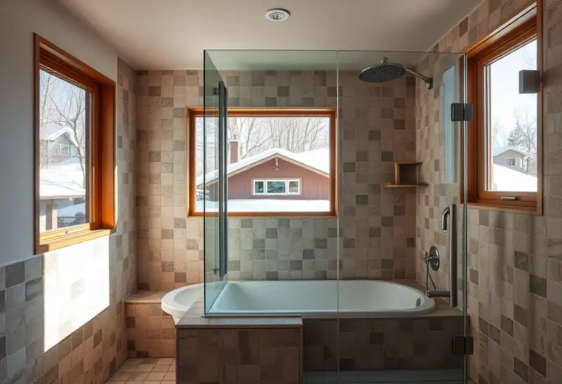 Illustration of bathroom with a walk-in glass shower and tiled walls, as found in 1961-era homes