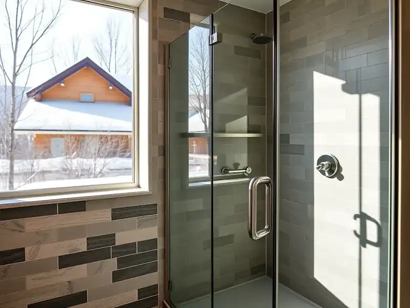 Illustration of close-up of materials and finishes of bathroom with a walk-in glass shower and tiled walls, as found in 1961-