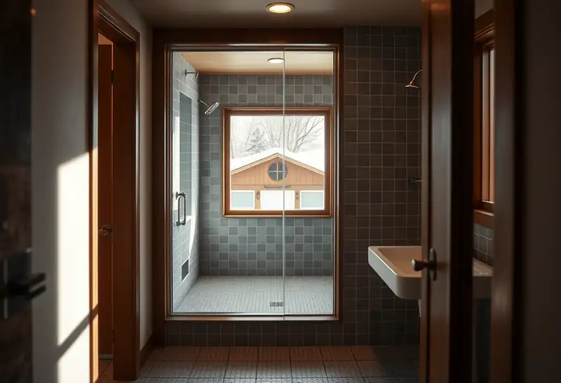 Illustration of bathroom with a walk-in glass shower and tiled walls, as found in 1961-era homes