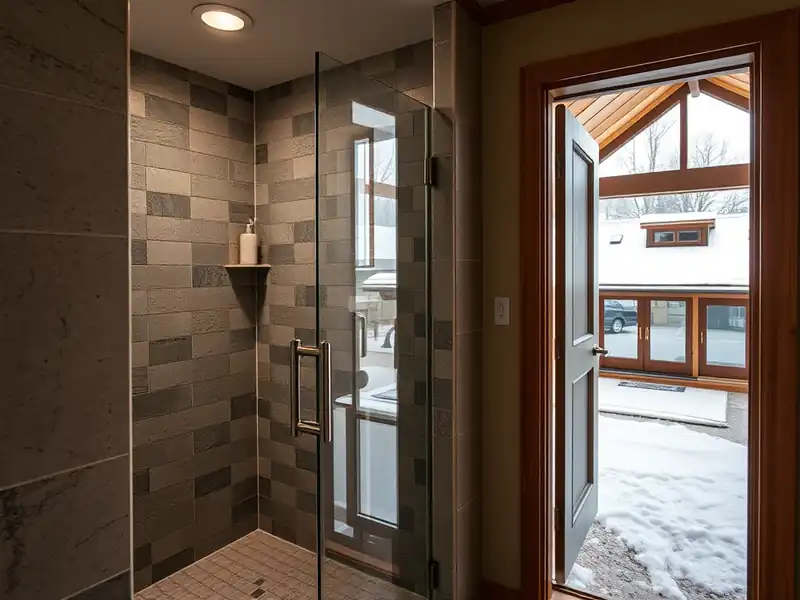 Illustration of modern bathroom with walk-in glass shower and stone-tiled walls.