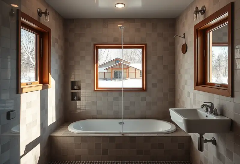 Illustration of bathroom with freestanding tub and tiled walls, OH