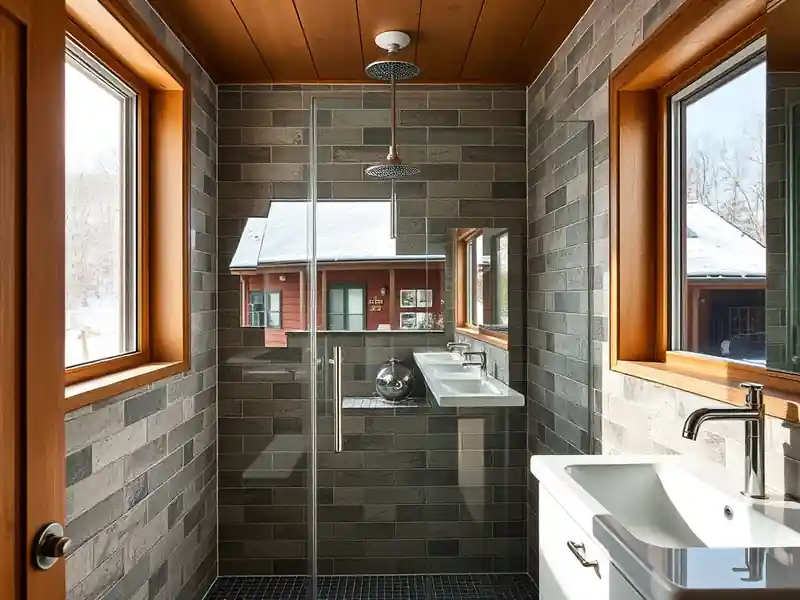 Illustration of modern bathroom with dark gray tiles, wooden accents, and a walk-in glass shower.