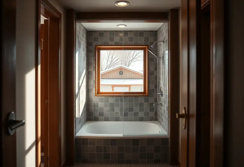 Illustration of bathroom with walk-in shower and tiled walls, looking out to snowy exterior.