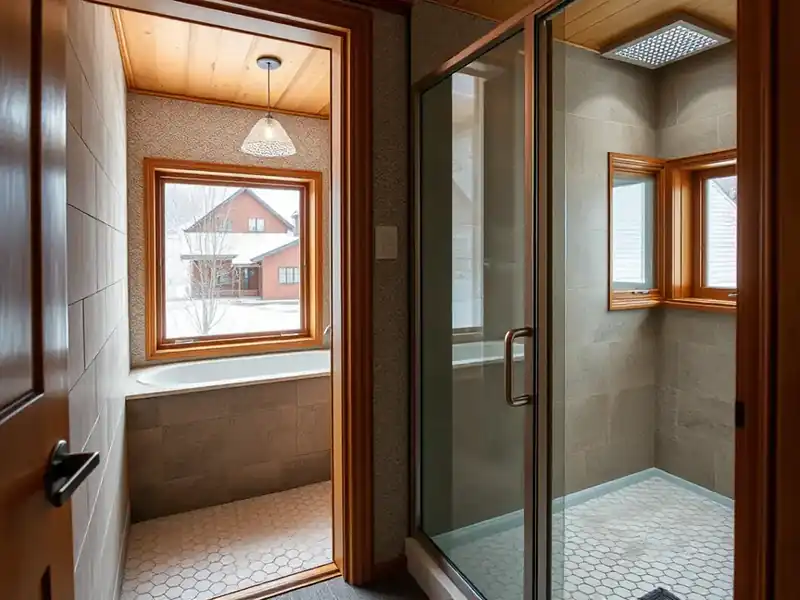 Illustration of close-up of materials and finishes of bathroom with a walk-in glass shower and tiled walls, as found in 1961-