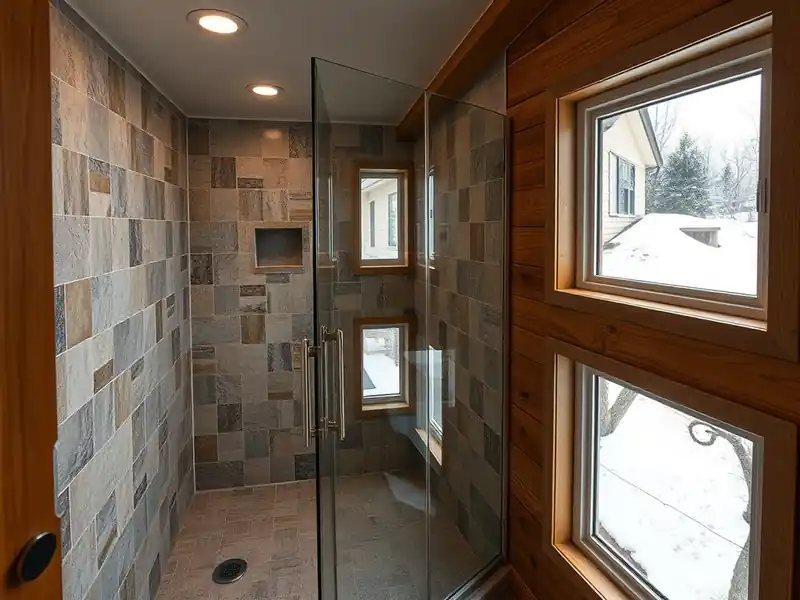 Illustration of close-up of materials and finishes of bathroom with a walk-in glass shower and tiled walls, as found in 1961-