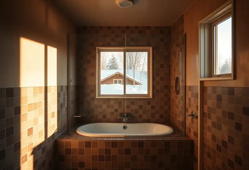 Illustration of bathroom with a walk-in tub and mosaic-tiled walls, snowy exterior view