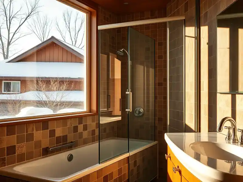 Illustration of modern bathroom with walk-in glass shower and tiled walls, snowy exterior view.